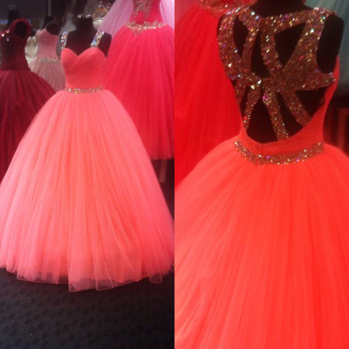 Unique Cross Back Design Tulle Coral Quinceanera Dresses Ball Gowns Crystal Beading-alinanova