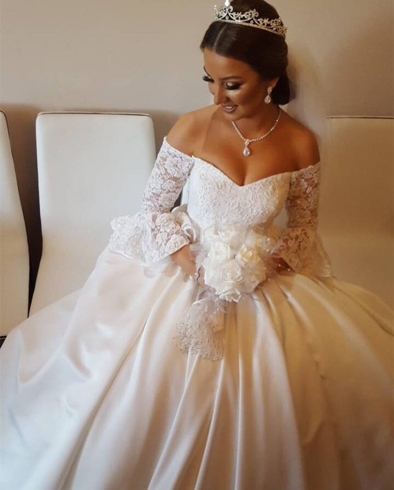 V Neck Off The Shoulder Satin Wedding Ball Gown Dresses Lace Puffy Sleeves V Neck Off The Shoulder Satin Wedding Ball Gown Dresses Lace Puffy Sleeves