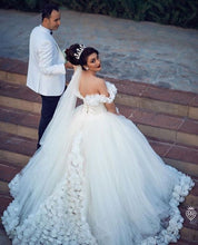 Load image into Gallery viewer, V Neck Off The Shoulder Tulle Ball Gown Wedding Dresses
