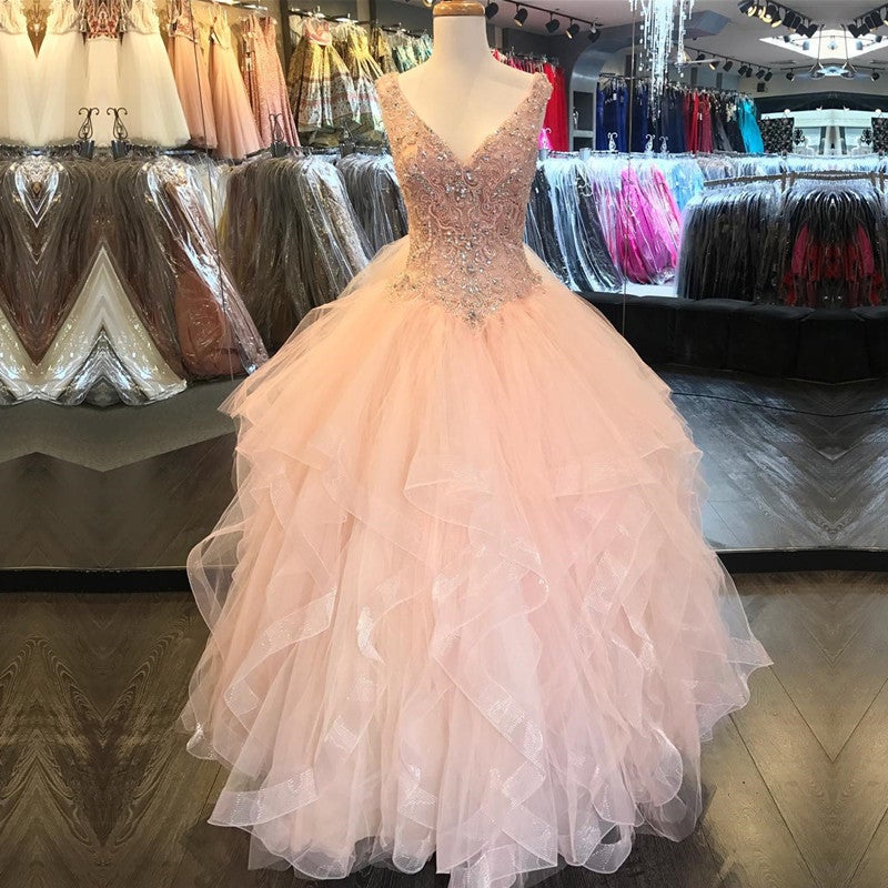 V Neck Organza Ruffles Ball Gown Quinceanera Dresses 2017-alinanova
