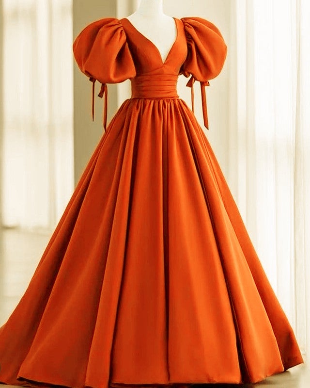 Ball Gown Orange Prom Dresses V Neck Puffy Sleeves alinanova Ball Gown Orange Prom Dresses V Neck Puffy Sleeves alinanova