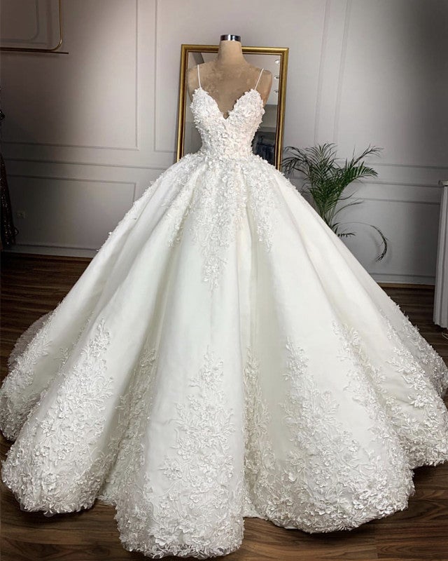 V Neck Satin Wedding Dresses Ball Gown Lace Embroidery-alinanova