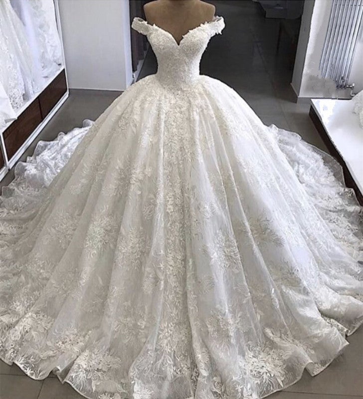 Off-shoulder Short Sleeves Lace Ball Gown Wedding Dress - VQ