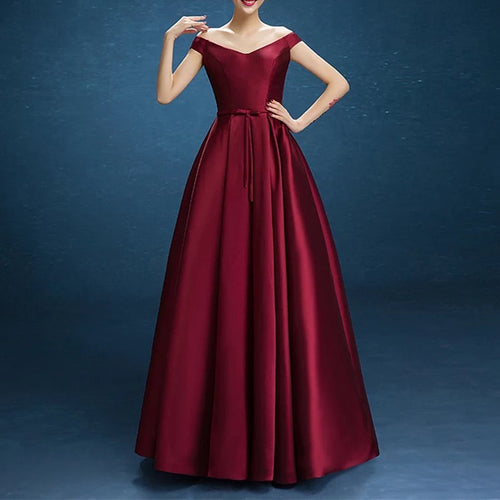V Neck Off The Shoulder Floor Length Satin Bridesmaid Dresses-alinanova