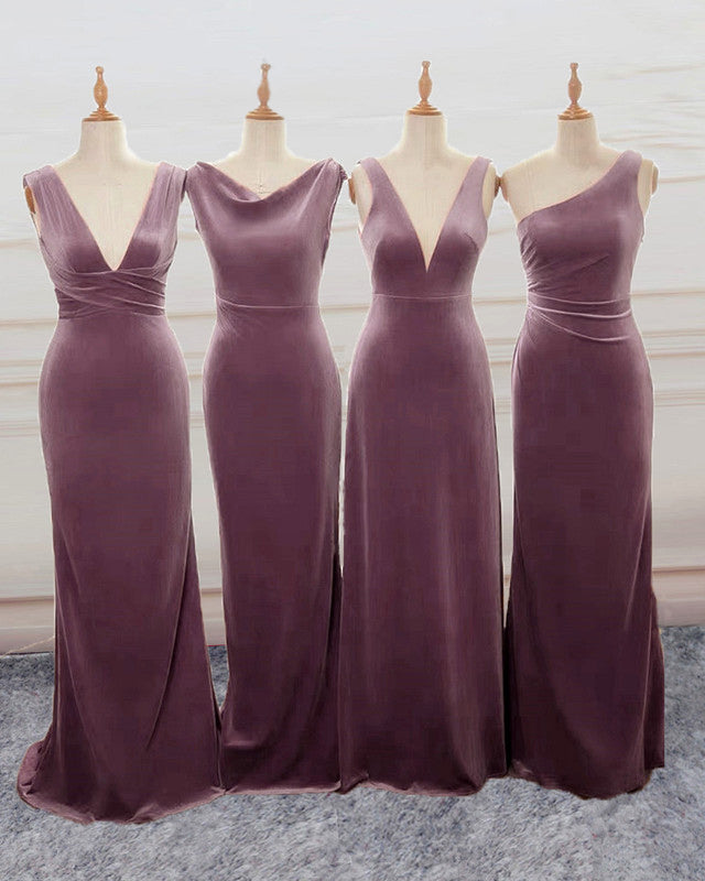 Velvet Mauve Dresses Bridesmaid Mixed Style