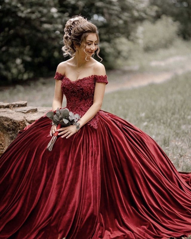 Velvet Wedding Dresses Lace Off Shoulder Ball Gown – alinanova