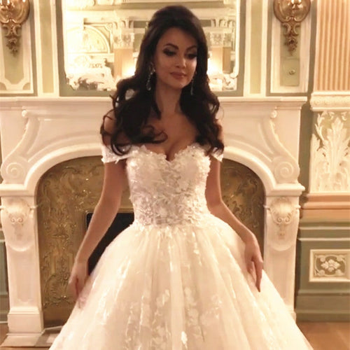 Vintage A Line Off Shoulder Royal Train Lace Wedding Dresses-alinanova
