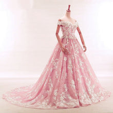 Load image into Gallery viewer, Vintage Lace Appliques Off Shoulder Pink Lace Wedding Dress Ball Gowns

