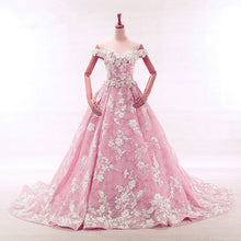 Load image into Gallery viewer, Vintage Lace Appliques Off Shoulder Pink Lace Wedding Dress Ball Gowns-alinanova
