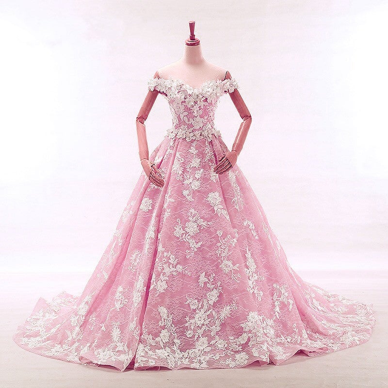 Vintage Lace Appliques Off Shoulder Pink Lace Wedding Dress Ball Gowns-alinanova
