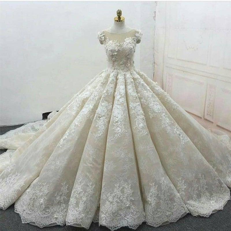 Vintage Lace Cap Sleeves Ball Gowns Wedding Dresses-alinanova