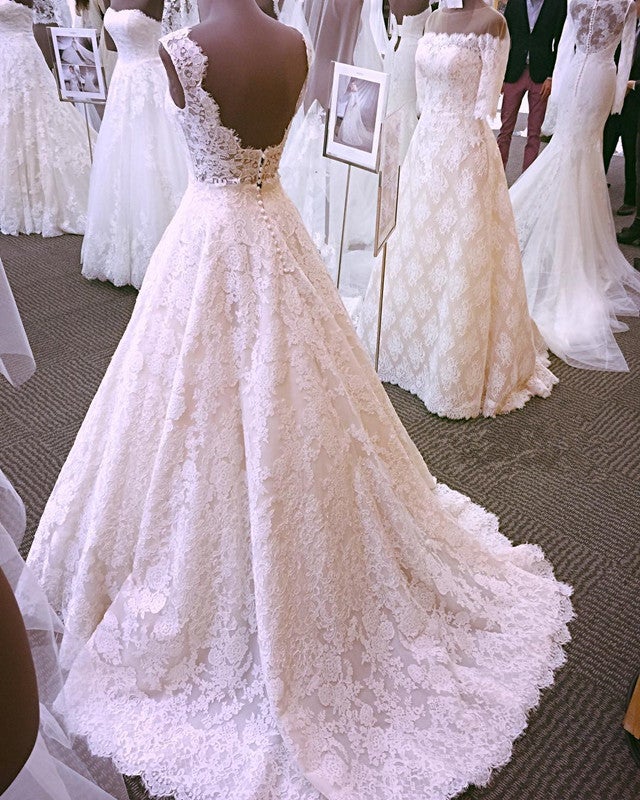 Vintage Lace Cap Sleeves Open Back Princess Wedding Dresses for Bride Vintage Lace Cap Sleeves Open Back Princess Wedding Dresses for Bride