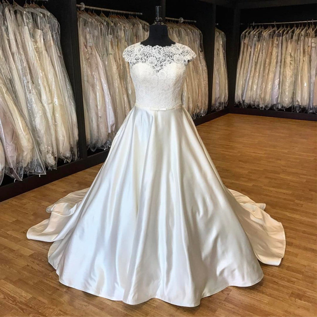 Vintage Lace Cap Sleeves Satin Wedding Dresses Ball Gowns 2017-alinanova