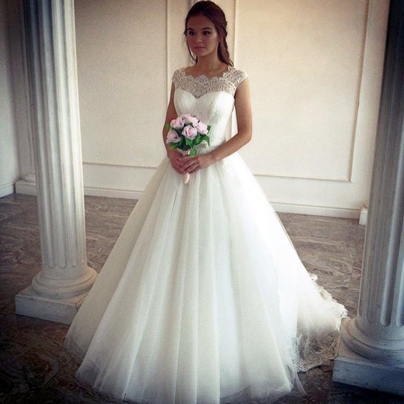 Vintage Lace Cap Sleeves Tulle Princess Wedding Dresses Ball Gowns