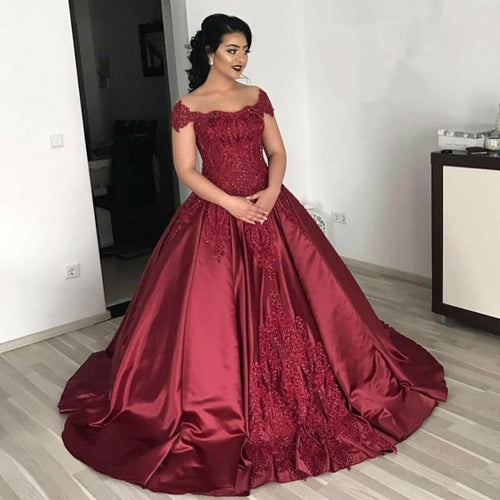 Vintage Lace Off The Shoulder Ball Gowns Wedding Dresses Burgundy-alinanova