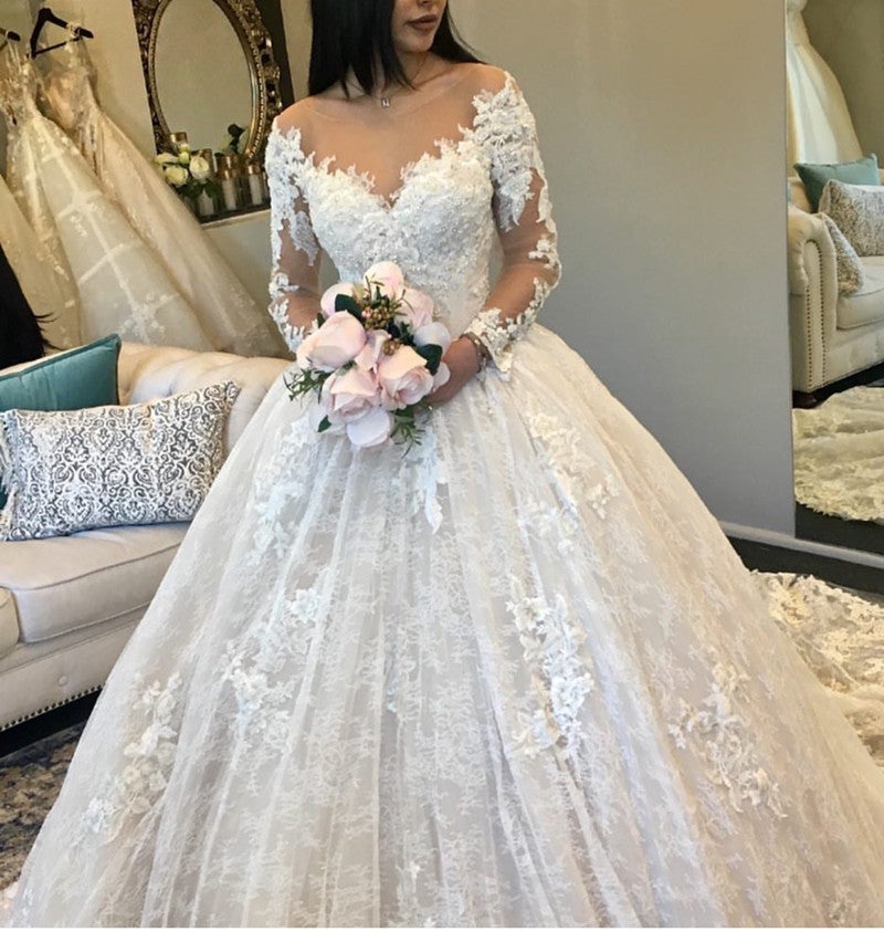 Vintage Long Sleeves Lace Ball Gown Wedding Dresses Illusion Neckline –  alinanova