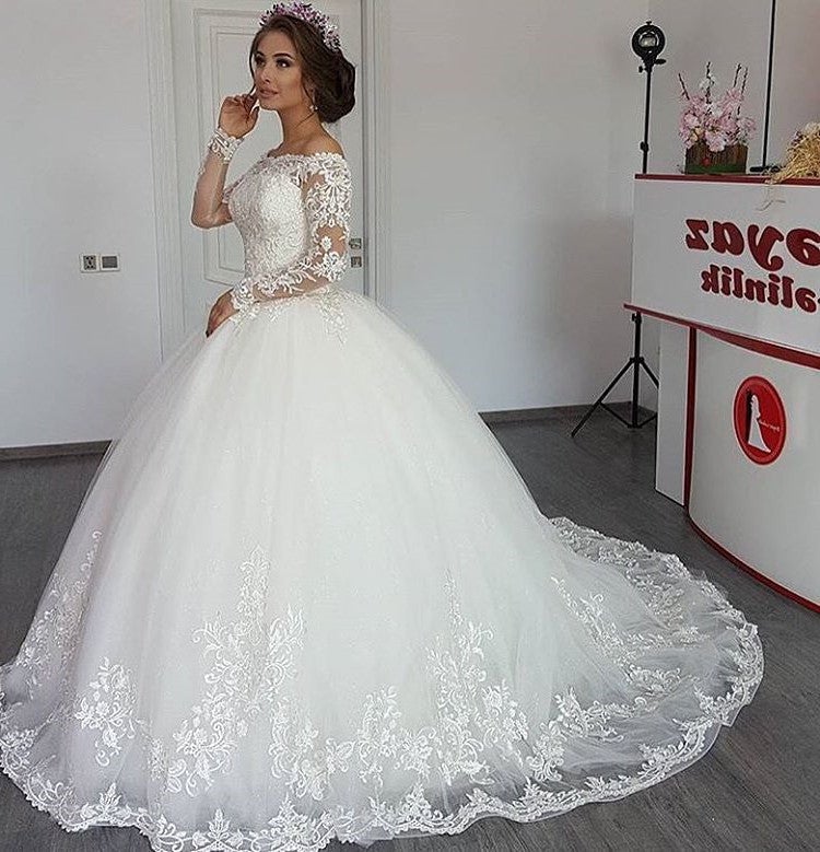 Vintage Long Sleeves Lace Wedding Ball Gown Dresses For Bride-alinanova