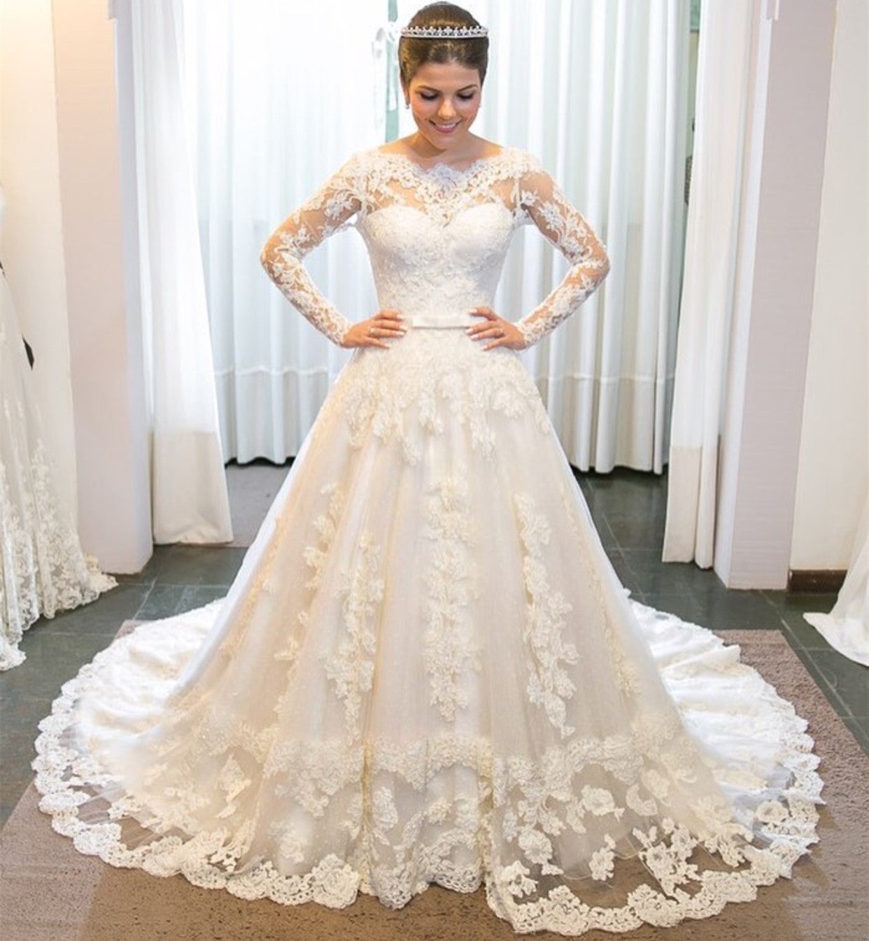 Vintage Long Sleeves Lace Wedding Dresses Princess Bridal Gowns – alinanova