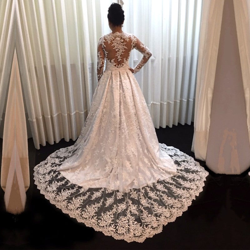 Vintage Long Sleeves Lace Wedding Dresses Princess Bridal Gowns-alinanova