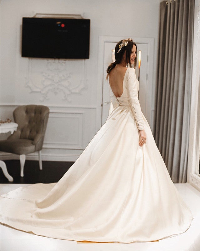 Vintage Long Sleeves Open Back Satin Wedding Dresses For Bride alinanova Vintage Long Sleeves Open Back Satin Wedding Dresses For Bride alinanova