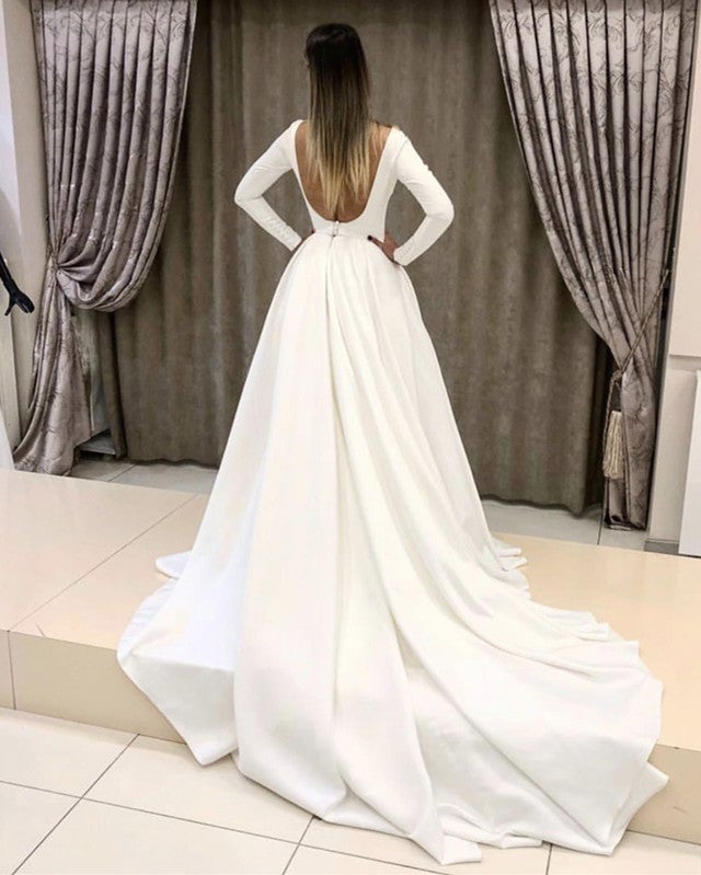 Vintage Long Sleeves Satin Backless Wedding Dresses Vintage Long Sleeves Satin Backless Wedding Dresses