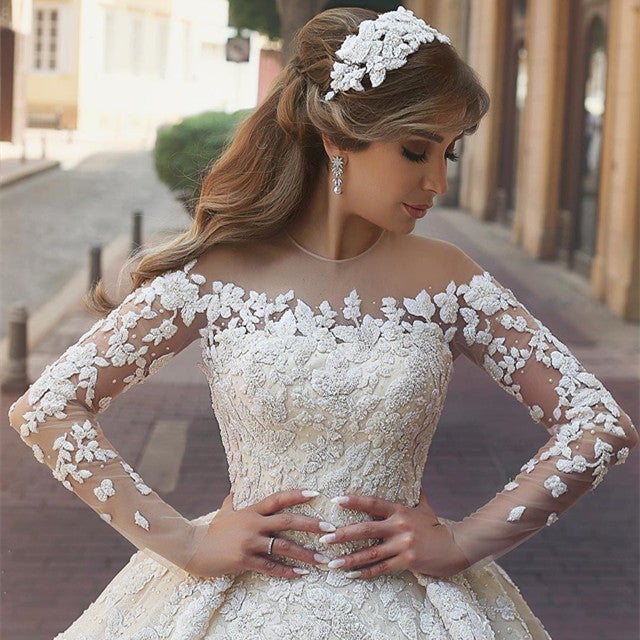 Vintage Long Sleeves Wedding Dresses Lace Embroidery-alinanova