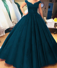 Load image into Gallery viewer, Vintage Royal Blue Satin Ball Gowns Wedding Dresses Lace Cap Sleeves
