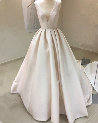 Simple-Satin-Wedding-Gowns-Puffy-Bridal-Dress-V-neck