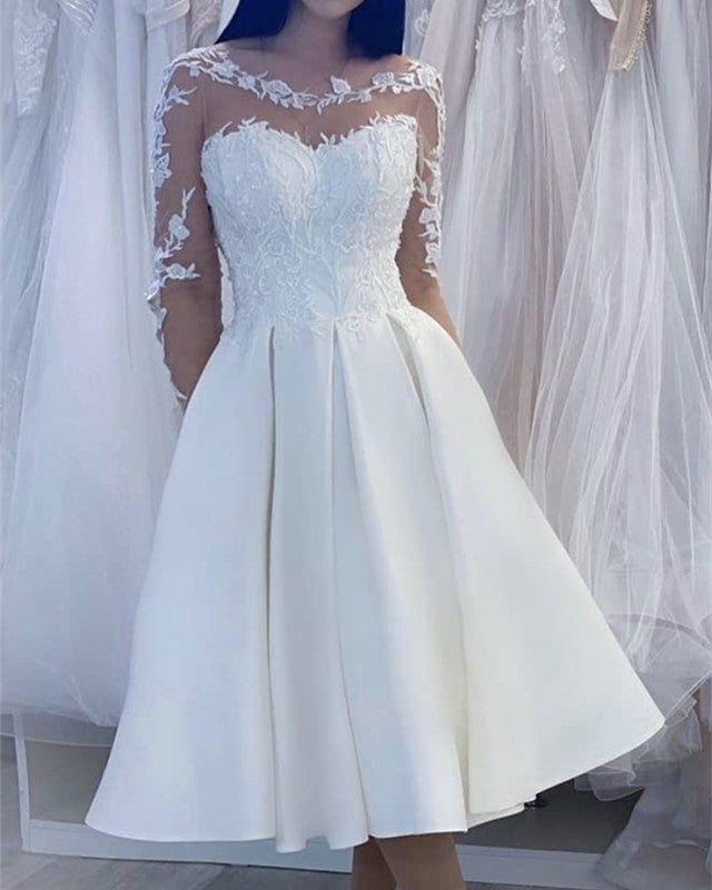 Vintage Tea Length Wedding Dresses Sheer Long Sleeves Vintage Tea Length Wedding Dresses Sheer Long Sleeves