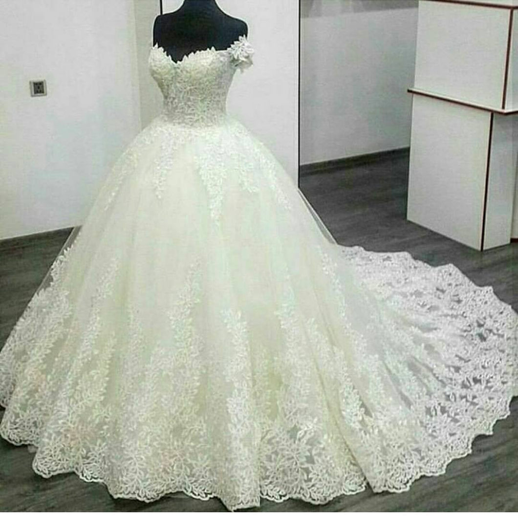 Vintage V-neck Off The Shoulder Lace Wedding Ball Gown Dresses
