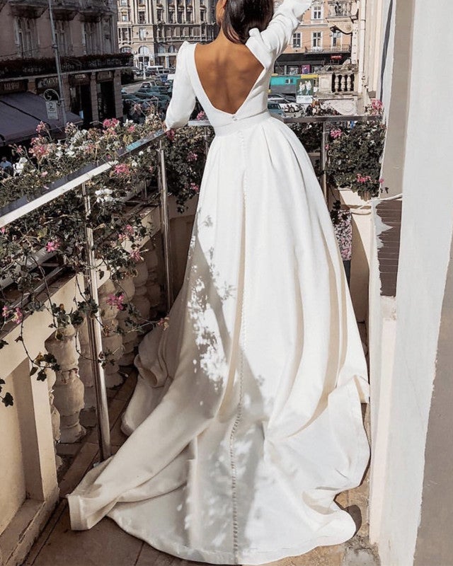 A-line Long Sleeves Satin Backless Wedding Dress alinanova A-line Long Sleeves Satin Backless Wedding Dress alinanova