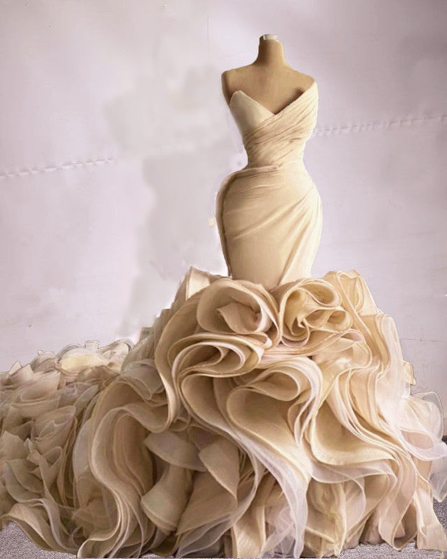 beige mermaid wedding dress Beaded Mermaid Wedding Dress with Deep Plunging Neckline and Straps 26 main image 0