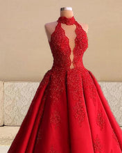 Load image into Gallery viewer, Red Lace Halter Ball Gown Satin Dress
