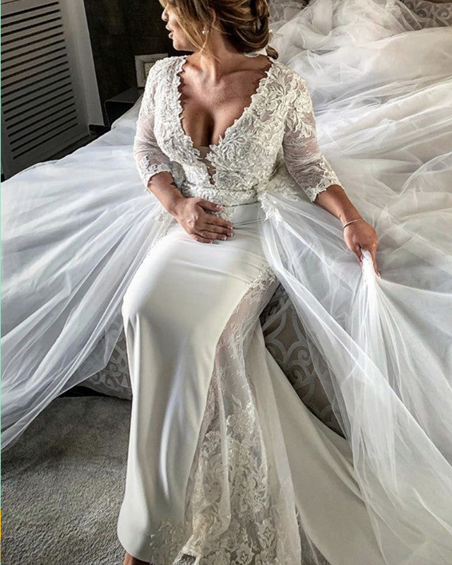 3/4 Sleeves Mermaid Wedding Dress Removable Skirt