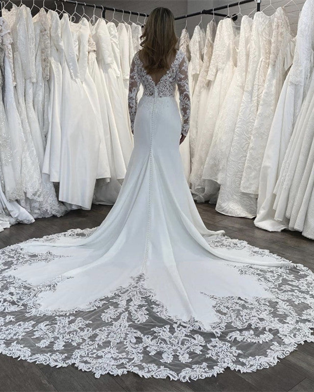 Long Sleeves Mermaid Wedding Dress Lace Train