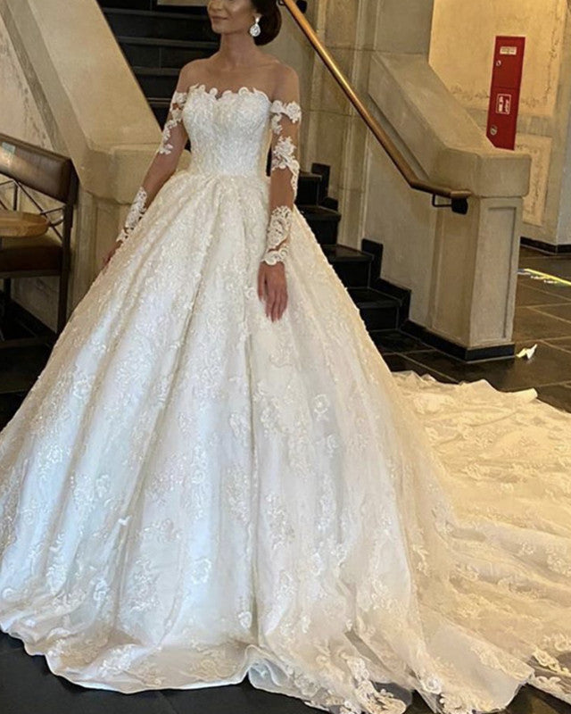 Lace Wedding Dresses Illusion Neckline Long Sleeves-alinanova