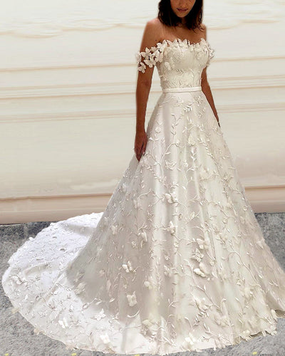 Princess Wedding Dress Butterfly Lace Embroidery Off Shoulder-alinanova