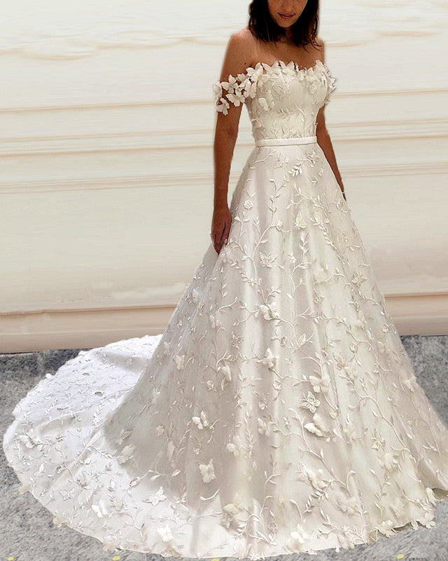 Princess Wedding Dress Butterfly Lace Embroidery Off Shoulder-alinanova
