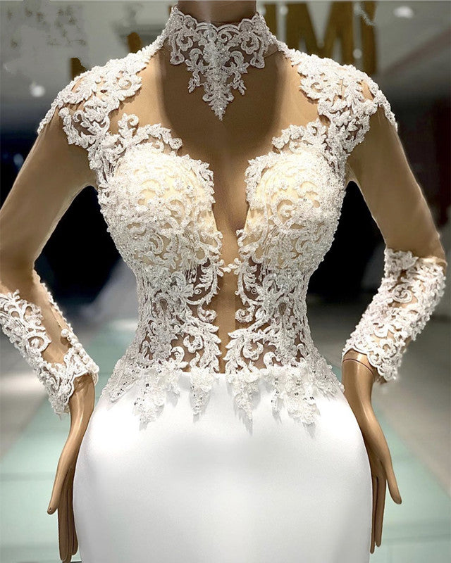 Long Sleeves Mermaid Wedding Dress High Neck Lace Appliques Long Sleeves Mermaid Wedding Dress High Neck Lace Appliques