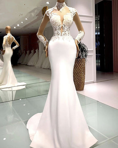Long Sleeves Mermaid Wedding Dress High Neck Lace Appliques-alinanova