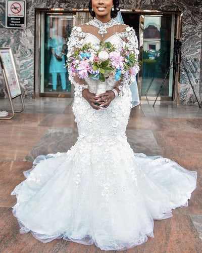 Luxury Crystal Beaded Mermaid Wedding Dress 3D Lace Sleeved-alinanova