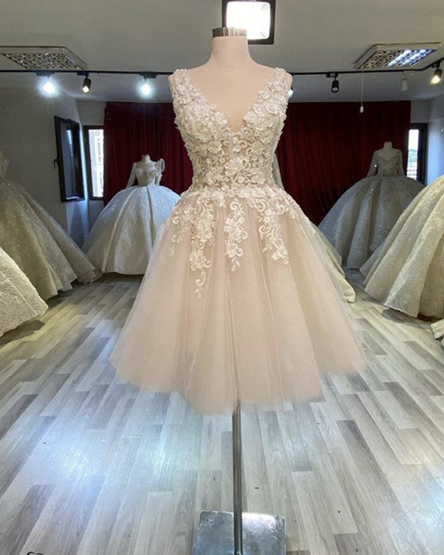 short beige wedding dresses Short Wedding Dresses Knee-Length V-Neck Sleeveless A-Line Natural Waist Tulle Bridal Dresses