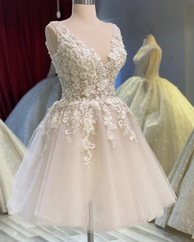 Elegant Short Wedding Dress Lace V Neck