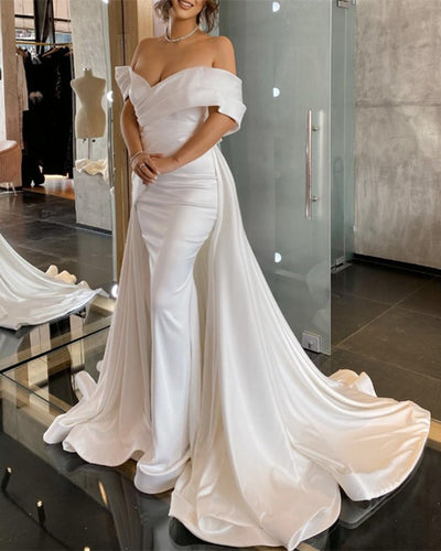 Mermaid Off The Shoulder Wedding Dress Satin Sweep Train-alinanova