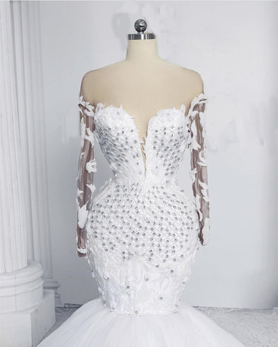 Illusion Neck Wedding Dress Mermaid Long Sleeves-alinanova
