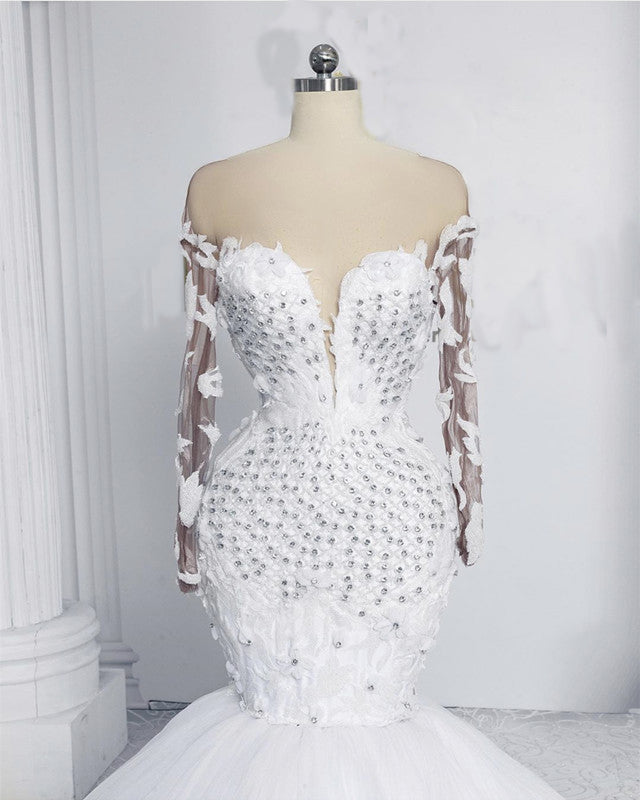 Illusion Neck Wedding Dress Mermaid Long Sleeves-alinanova