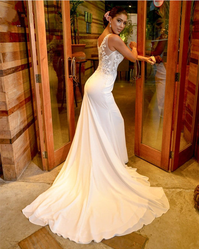 fitted lace wedding dress Romantic Bell Sleeve Boho Lace Slit Fit and Flare Spring Wedding Dress, Nude Beige main image 0