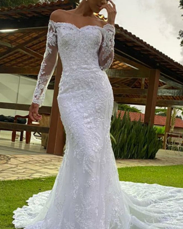 Long Sleeves Mermaid Wedding Dress Lace Off The Shoulder alinanova Long Sleeves Mermaid Wedding Dress Lace Off The Shoulder alinanova