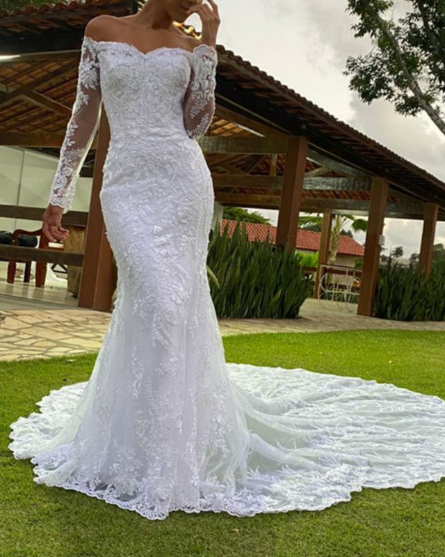 Long Sleeves Mermaid Wedding Dress Lace Off The Shoulder-alinanova