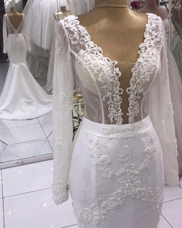 Sheer Corset Mermaid Wedding Dress Long Sleeves Lace Appliques